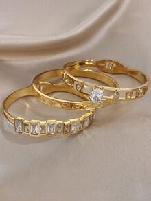 18K Gold Plated Luxury Elegant Oval Zirconia Heart Embossed Bangle Bracelet Set, Stainless Steel Jewelry, For Women Ladies, Summer Bohemia Beach Jewelry, Vacation Season, Gifts For Mom, For Daily Party Dates Gala Wedding Valentine Anniversary Music Festival Christmas, Dates, Easter Day - Multicolor - View 4