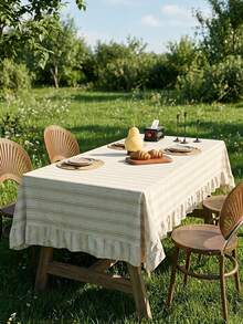 1pc Striped Ruffled Tablecloth, American Farmhouse Style Minimalist Decor, Suitable For Dining Table, Coffee Table, TV Stand, Entryway, Parties, Weddings, Picnics, Home Decor, All Seasons - Apricot - View 2
