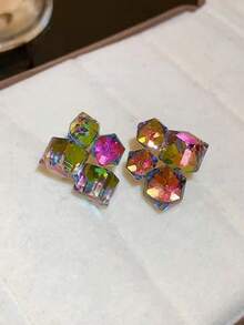一对几何造型彩虹色水晶方形耳钉，闪亮百搭日常饰品，女士礼物 - 耳環 - 查看 7