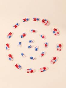 24pcs Short Square 4th Of July Nail Stickers With Red, Blue & Floral Print Accents, Includes 1pc Jelly Gel And 1pc Nail File. Removable Nail Wraps To Make Your Fingertips Shine Bright, Suitable For Women's Daily Work And Party Occasions In Summer - Multicolor - View 4