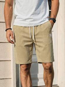 2026 Spring/Summer New Men's Corduroy Drawstring Casual Shorts, Khaki Color Small Logo Loose 5-Inch Shorts - Khaki - View 4