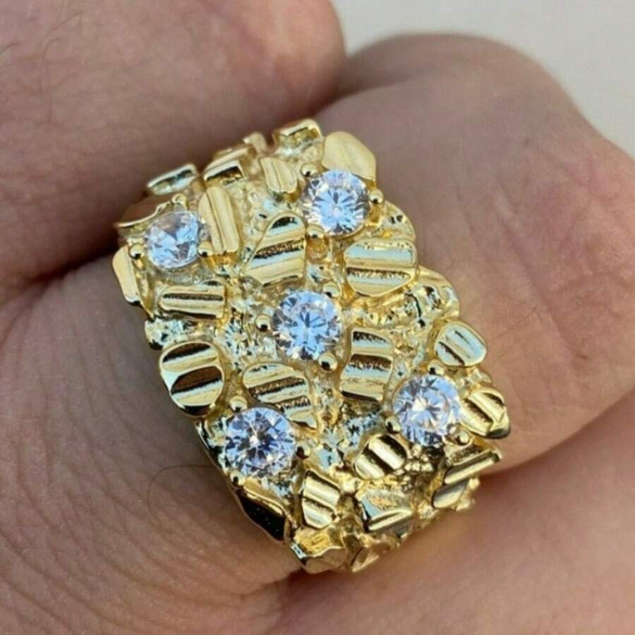 复古宽版金戒指,精致锤纹,适合女性佩戴,镶嵌闪亮合成钻石,手工制作,时尚日常装饰高端珠宝 - 金色 - 查看 1