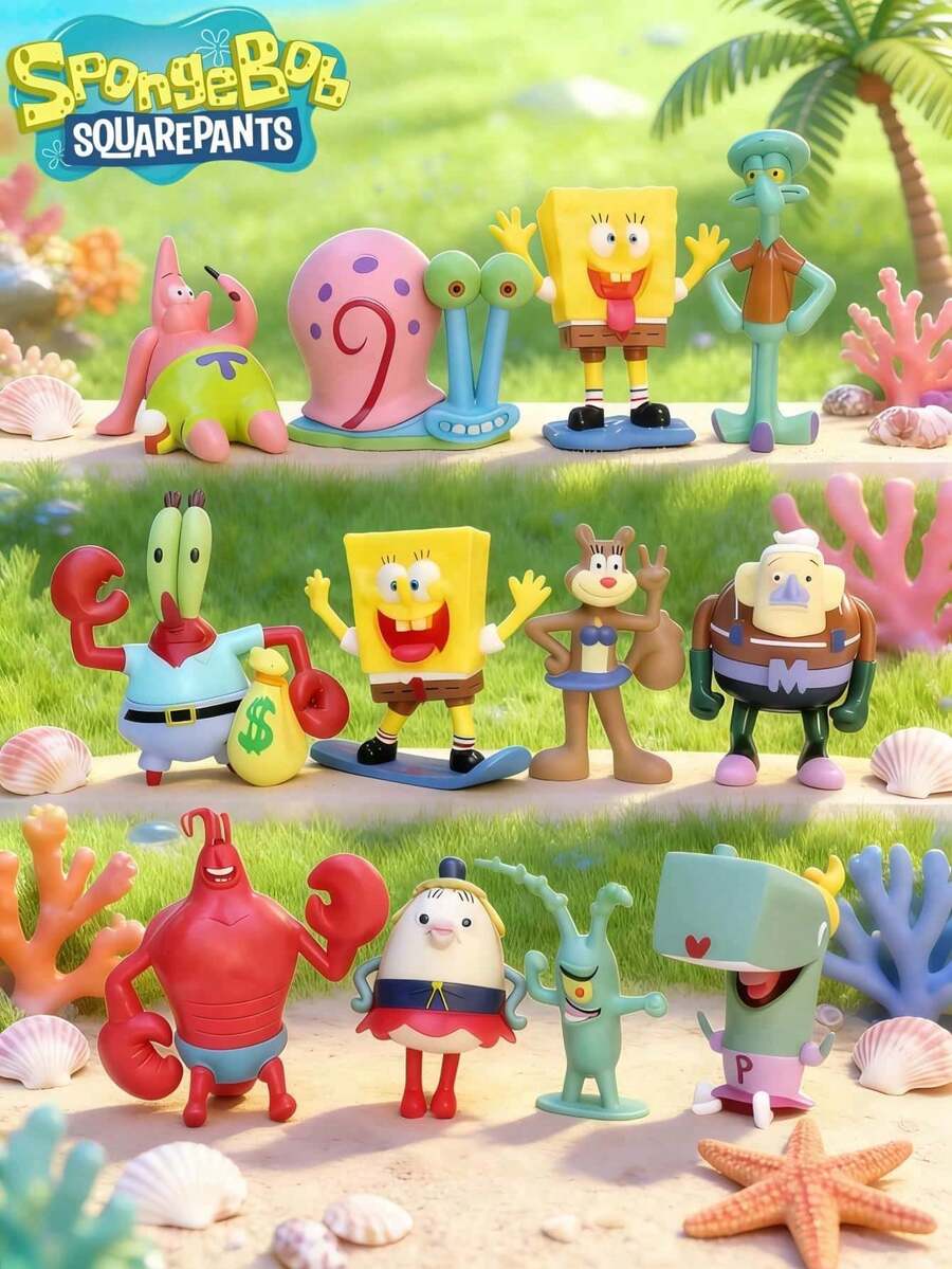 SpongeBob SquarePants 12件套海绵宝宝全家福系列,包含海绵宝宝、派大星、章鱼哥、珊迪、痞老板、蟹老板等比奇堡居民的玩偶,可作桌面摆件、汽车装饰、可爱卡通生日礼物、海绵宝宝和他的朋友们的生日装饰、随机款式桌面摆件、蛋糕装饰、水族箱水下装饰,是节日、生日、圣诞节的理想礼物,也是圣诞袜填充物,海绵宝宝粉丝必备的生日礼物袋,实际产品可能与图片略有不同。 - 隨機 - 查看 1
