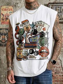 Áo tank top nam in hình chai rượu whisky và bài poker phong cách retro Las Vegas, kiểu dáng thường ngày mùa hè, phong cách đường phố, họa tiết vintage, dây đeo rộng, màu đen. - trắng - Xem 3