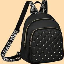 Women's Quilted Studded Mini Backpack, Fashion Nylon Small Backpack With Letter Print Strap, Casual Daypack For Travel School Daily Use, Gift For Girls - Black - View 8