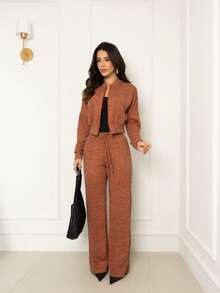 Cold Weather Set Consisting Of Ribbed Knit Pants And Top. - 鏽棕色 - 查看 1