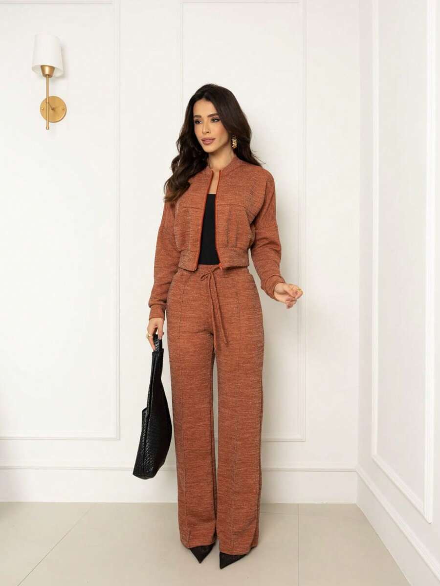 Cold Weather Set Consisting Of Ribbed Knit Pants And Top. - 鏽棕色 - 查看 1