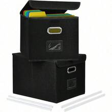 Portable File Organizer Box With Lids, Collapsible Linen Hanging Filing Storage Boxes With Plastic Slide, Decorative Home/Office Filling System File And Folders Storage BK, 2p, L - 2P + Black - View 2