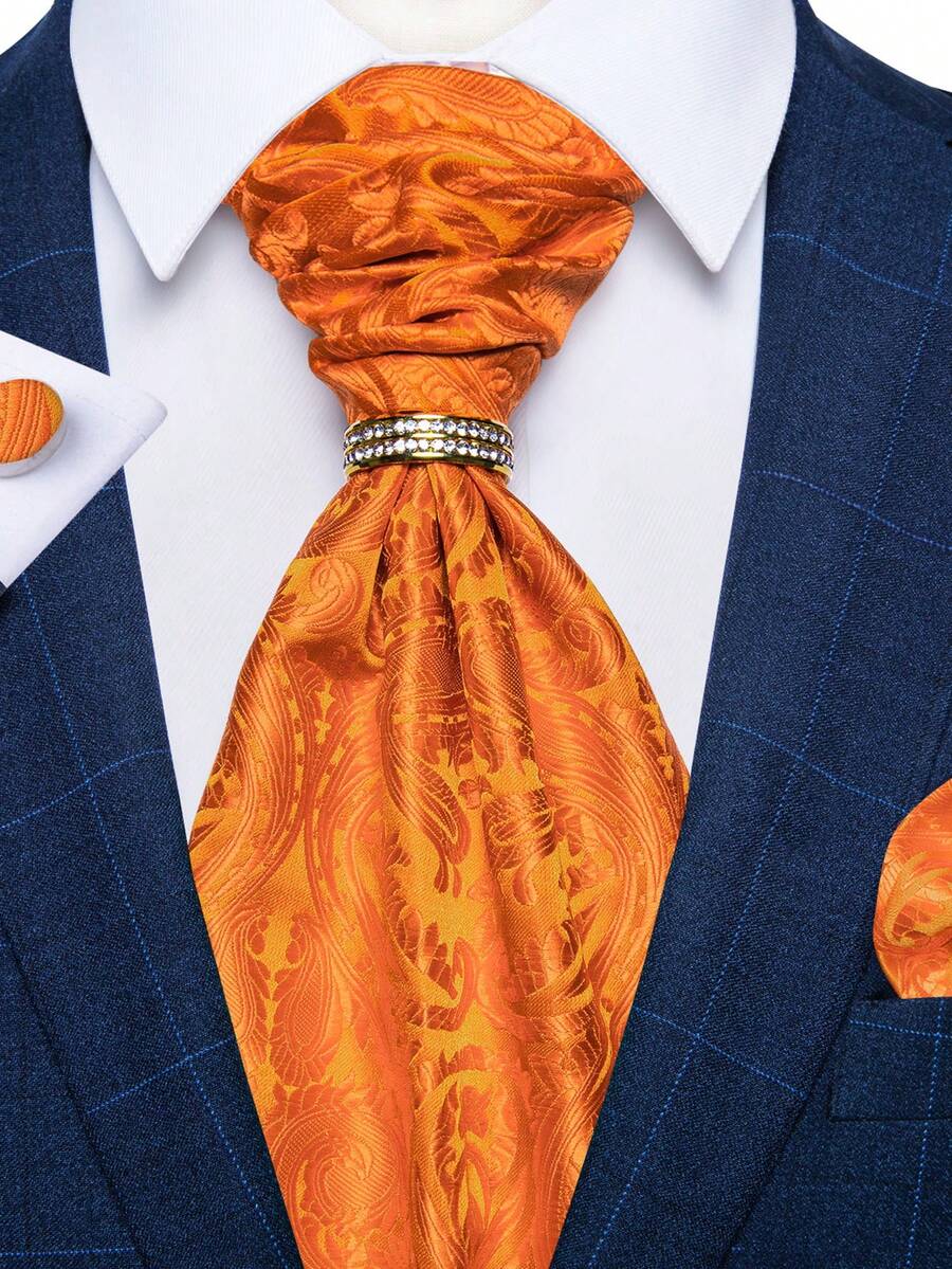 Bộ 4 món trang sức nam thanh lịch màu cam họa tiết cây nhiệt đới gồm cà vạt Ascot, khăn cài túi, khuy măng sét và nhẫn vàng, thích hợp cho tiệc cưới. - trái cam - Xem 1