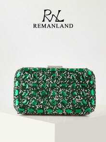 REMANLAND 閃亮精緻方型包，優雅時尚手拿包，藍色水鑽鏈條包，適合女性派對、婚禮、晚宴、宴會等場合，派對女孩與女性的理想選擇，也是送給女性的最佳禮物 - 墨綠色 - 查看 8