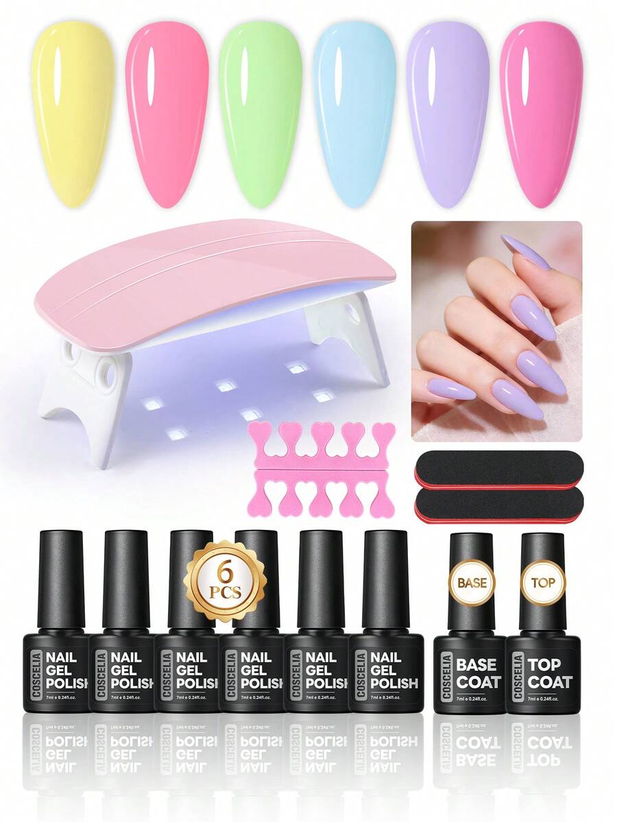 Macaron Color Gel Nail Set With UV LED Light - 6 Colors (Yellow/Pink/Green/Blue), Includes Base Coat And Top Coat, Suitable For Beginners And DIY Home Manicure - 彩色 - 查看 1