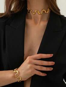 1pc Personalized High-End Stainless Steel Jewelry, 18K Gold Plated Adjustable Wavy Necklace For Women - Gold - View 10