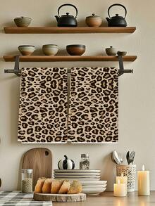 2Pcs Leopard Print Towels Set, Super Soft Woven Polyester, Unscented, Ideal For Kitchen, Bathroom, Spa - Chic Animal Pattern Home Decor, Suitable For Normal & Relaxed Hair - Mocha Brown - View 3
