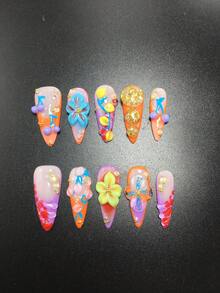 10 Pieces 3.3cm Handmade High-Heeled Nail Suit, Paired With Cherry, Petal, Flower, And Multi-Color Decorations, Suitable For Women And Girls, Valentine's Day, Parties, Festivals, And Daily Wear. Nail Accessories, Acrylic Nail Kit, Including Kit, Hand Pressed Nail Art, Fake Nail Stickers, And Nail Supplies. Nails - Multicolor - View 2