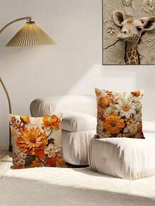 1/2/4 piezas Fundas de cojín con estampado floral y de hojas en 2D, suaves y mullidas con cierre de cremallera, adecuadas para la decoración otoñal del hogar y el dormitorio (No incluye relleno) - Naranja - Ver 5