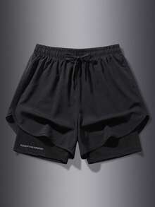 Quần short thể thao nữ, quần short yoga 2 trong 1 dành cho nữ với quần lót tích hợp, túi khóa kéo ẩn, in chữ phản quang, vải co giãn, dây rút eo, quần tập thể dục co giãn xẻ tà, phù hợp cho tập gym, yoga, chạy bộ, hoàn hảo cho lối sống năng động. - màu đen - Xem 3