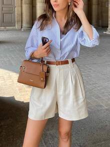 Quần short linen SMILE CHIC 2026 kiểu dáng thường ngày, thời trang, dáng rộng thoải mái, thoáng khí, ống rộng, đa năng cho kỳ nghỉ và mặc hàng ngày, tôn dáng chân (Không bao gồm thắt lưng) - Màu be - Xem 3