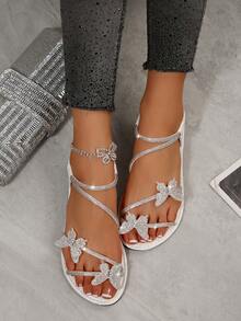 Summer New Casual Fashion Thin Strap Glass Rhinestone Cute Bow Slip-On Round Toe Flat Sandals For Women, Suitable For Party, Date, Beach - White - View 3