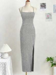 Sexy Solid Color Criss-Cross Backless High Slit Dress, Summer Casual Party Elegant Black - 淺灰色 2 - 查看 6