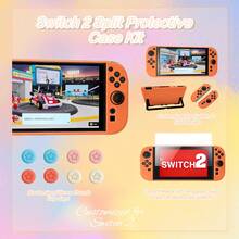 Compatible With Switch 2 Orange Matte Split Protective Case + 2 Tempered Glass Screen Protectors + 8 Star Silicone Thumb Grips, NS2 Anti-Fall Protection Kit - Orange Protection Set - View 2