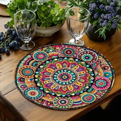 Set Of 1/2/4/6/8/300 Pieces Size 14.17 Inches 36cm Round Placemats With Colorful Mandala Floral Pattern Vintage Mayan Totem Geometric Design 100% Polyester Fiber Anti-Slip Heat-Resistant Easy To Clean Hand Washable Machine Washable Dry Cleanable 2D Flat Printing Technology Kitchen Restaurant Outdoor Picnic Placemats Coasters Gifts