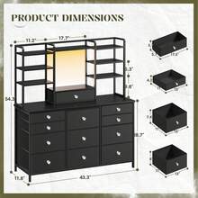 EnHomee Vanity Dresser With 12 Drawers & LED Mirror Lighting, Multifunctional Makeup Storage Chest With Open Display Shelves For Bedroom Wardrobe And Beauty Routine Organization, Black - Black - View 8