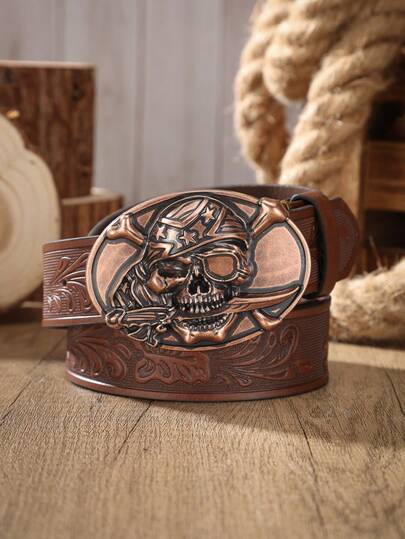1 chiếc thắt lưng kiểu phương Tây bằng da PU dập nổi, kiểu cổ điển dành cho nam, thích hợp để mặc trong dịp Halloween.