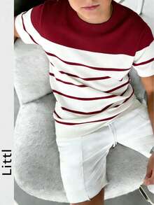Teen Boys Classic Burgundy And White Striped All-Match Knit Top, Casual Short Sleeve Knit Pullover, Suitable For Everyday Versatile Style - Multicolor - View 6