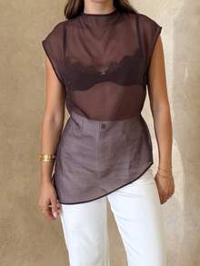 Womens Sheer Organza Halter Tank Tops Summer High Neck Sleeveless Mesh Vest White Alluring See Through Going Out Tops For Women  Party Clubwear - màu nâu - Xem 2