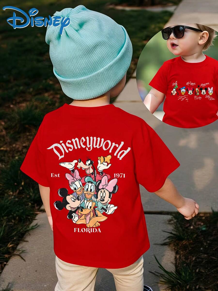 A Casual And Fashionable Short-Sleeved T-Shirt For Boys And Girls, Featuring The Designs Of Disney's Mickey Mouse Daisy And Her Friends. It Is Perfect For Party Outfits And Daily Wear. - Red - View 1