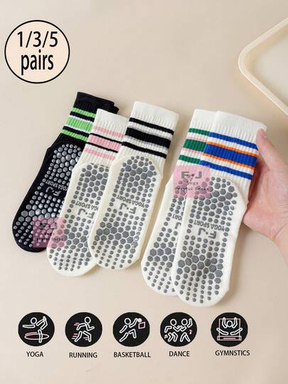 1/3/5 Đôi tất yoga chống trượt dành cho nữ, tất sọc phối màu có chấm silicon chống trượt, thích hợp cho yoga, pilates, chạy bộ, khiêu vũ, thể dục, mọi mùa.