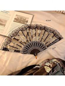 1pc Decorative Folding Fan, Vintage Lace Folding Fan, Black Embroidered Rose Hollow Lace Tassel Pendant, Portable Home Decor, Hanfu Lolita Outfit, Photography Prop, Wedding Party Decor - Lace Fan - View 10