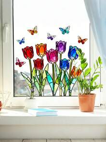 1pc Cartoon Colorful Stained Glass Tulip & Butterfly Window Sticker, Balcony Glass Window Decor - Tulip Butterfly Window Stickers - View 4