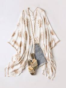 一件优雅海洋生物刺绣分叉披肩，女士春夏沙滩罩衫，轻盈防晒开衫，百搭奢华配饰，理想的日常穿搭和礼物 - 白色 - 查看 5