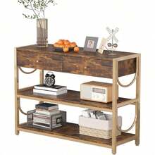Mesa consola de entrada de madera ahumada estilo retro con estructura metálica dorada en forma de U | Mesa sofá de 3 estantes de almacenamiento, estilo industrial para recibidor, sala de estar, pasillo y vestíbulo - Marrón y dorado - Ver 1