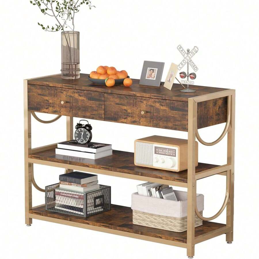 Mesa consola de entrada de madera ahumada estilo retro con estructura metálica dorada en forma de U | Mesa sofá de 3 estantes de almacenamiento, estilo industrial para recibidor, sala de estar, pasillo y vestíbulo - Marrón y dorado - Ver 1