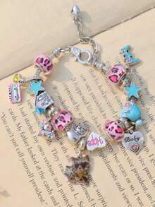 1 chiếc vòng tay mặt dây chuyền hình chú cún báo hồng, vòng tay họa tiết báo sao thời trang, vòng tay tự làm hình chú cún tai nghe nhạc disco, vòng tay hình trái tim cổ điển. - Bạc - Xem 7