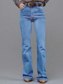 Jeans acampanados elásticos con diseño de bordado personalizado en el bolsillo trasero para mujer, casual para primavera y otoño - Bordado azul claro - Ver 3