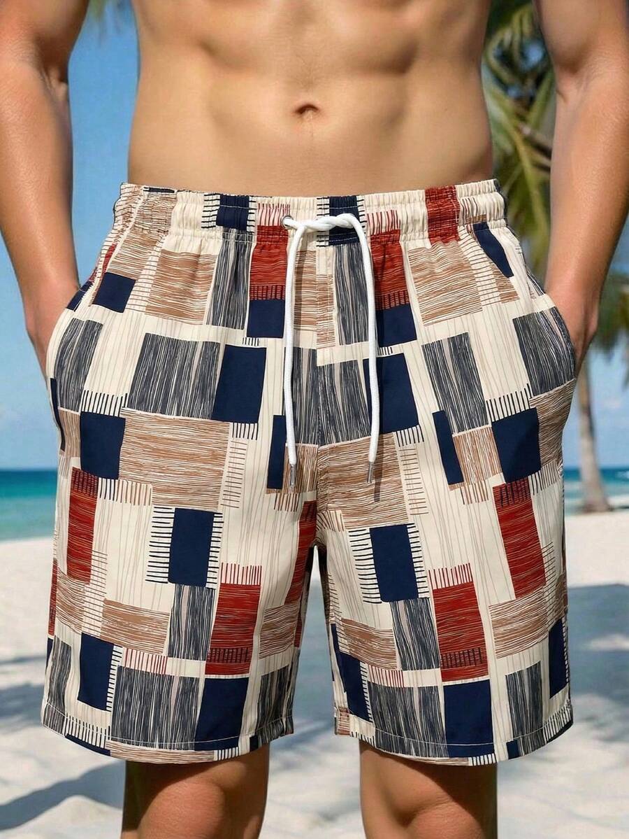 1 chiếc quần short kaki nam, họa tiết kẻ caro hình học, chất liệu nhẹ, thoáng khí, kiểu dáng đi biển, thích hợp cho kỳ nghỉ hè. - Màu Khaki - Xem 1