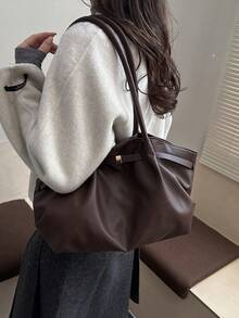 1个复古女士手提包，休闲时尚大容量多功能腋下单肩包，新款通勤工作手提包，纯色搭扣闭合，压纹质感，肩带装饰，适合外出、购物、通勤、办公、商务、生日礼物 - 咖啡 - 查看 4