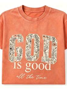 Women's God Is Good Floral Graphic T-Shirt, Retro Christian Faith Tee, Casual Crewneck Short Sleeve, Vintage Washed Cotton Top - 珊瑚橙 - 查看 9