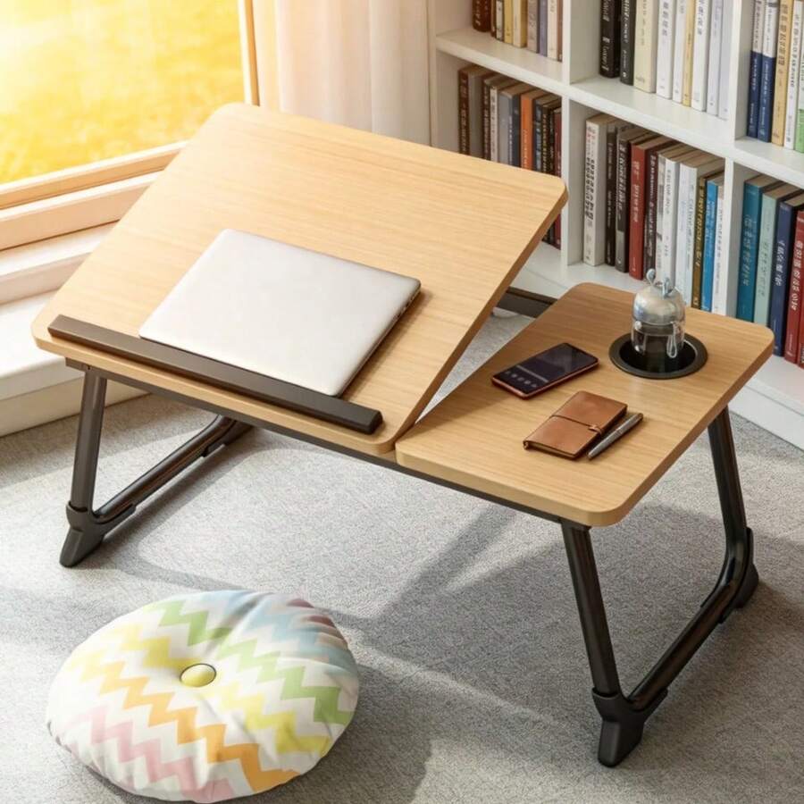 Adjustable Foldable Laptop Desk For Bed, 3 Colors Available, Dorm Student Study Table, Slouchy Windowsill Writing Desk, Adjustable Height, Foldable, Bed Desk, Computer Desk, 3 Colors, Cup Holder, Anti-Slip Stopper - Wood Grain White - View 1