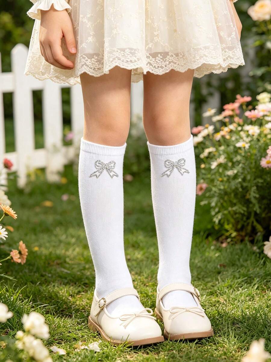 1 Pair Girls' Sweet Fashion Bow Design White Knee-High Socks, Versatile For Spring, Autumn, All Seasons, Suitable For Daily Wear