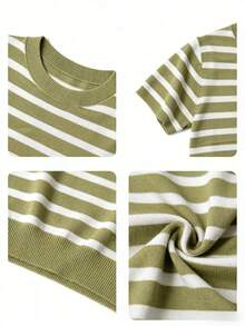 Children Boys Ribbed Collar Contrast Color Striped Knit Short Sleeve Sweater, Soft Breathable Striped Knit Top, Suitable For School And Daily Wear - Multicolor - View 5