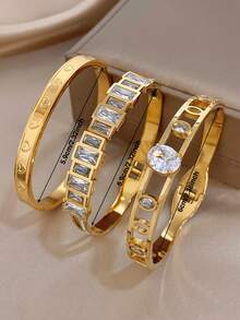 18K Gold Plated Luxury Elegant Oval Zirconia Heart Embossed Bangle Bracelet Set, Stainless Steel Jewelry, For Women Ladies, Summer Bohemia Beach Jewelry, Vacation Season, Gifts For Mom, For Daily Party Dates Gala Wedding Valentine Anniversary Music Festival Christmas, Dates, Easter Day - Multicolor - View 7