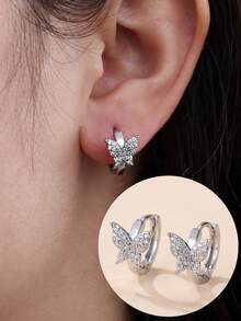 1 par de pendientes de aro con mariposa completamente pavimentados con circonita, de estilo romántico, elegante y dulce para niña, adecuados para uso diario, sesiones de fotos y como regalo - pendientes - Ver 3