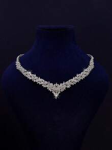 5pcs Luxury Royal Style V-Shaped Bridal Wedding Jewelry Set, Handset White Cubic Zirconia, Including Necklace, Bracelet, Earrings, Ring, Suitable For Daily Wear And Wedding, Wedding Anniversary Gift (Comes With High-End Golden Gift Box) - V-shaped Bridal Suit - View 3