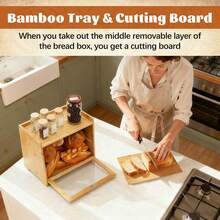 CUGBO Bamboo Bread Storage Box For Countertop Double Tier Large Capacity Bread Container With Clear Acrylic Window Kitchen Farmhouse Organizer For Pantry Cabinet Cupboard - 原木 - 查看 7