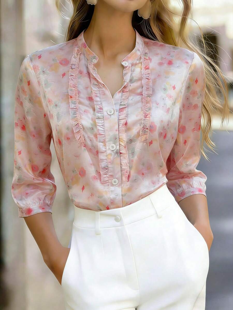 Women's Elegant Three-Quarter Sleeve Ruffle Collar Printed Blouse Pink Vacation - Pink - View 1