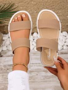 French Thick Sole Elevated Slip-On Sandals For Petite Women, Minimalist Strap Platform Shoes - Khaki - View 3